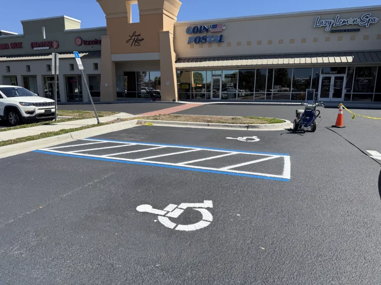 ADA compliant handicap parking spaces with wheelchair symbol stencil blue border markings and white crosshatch access aisle at commercial strip mall - ADA parking lot striping by Radiant Striping Tampa Florida