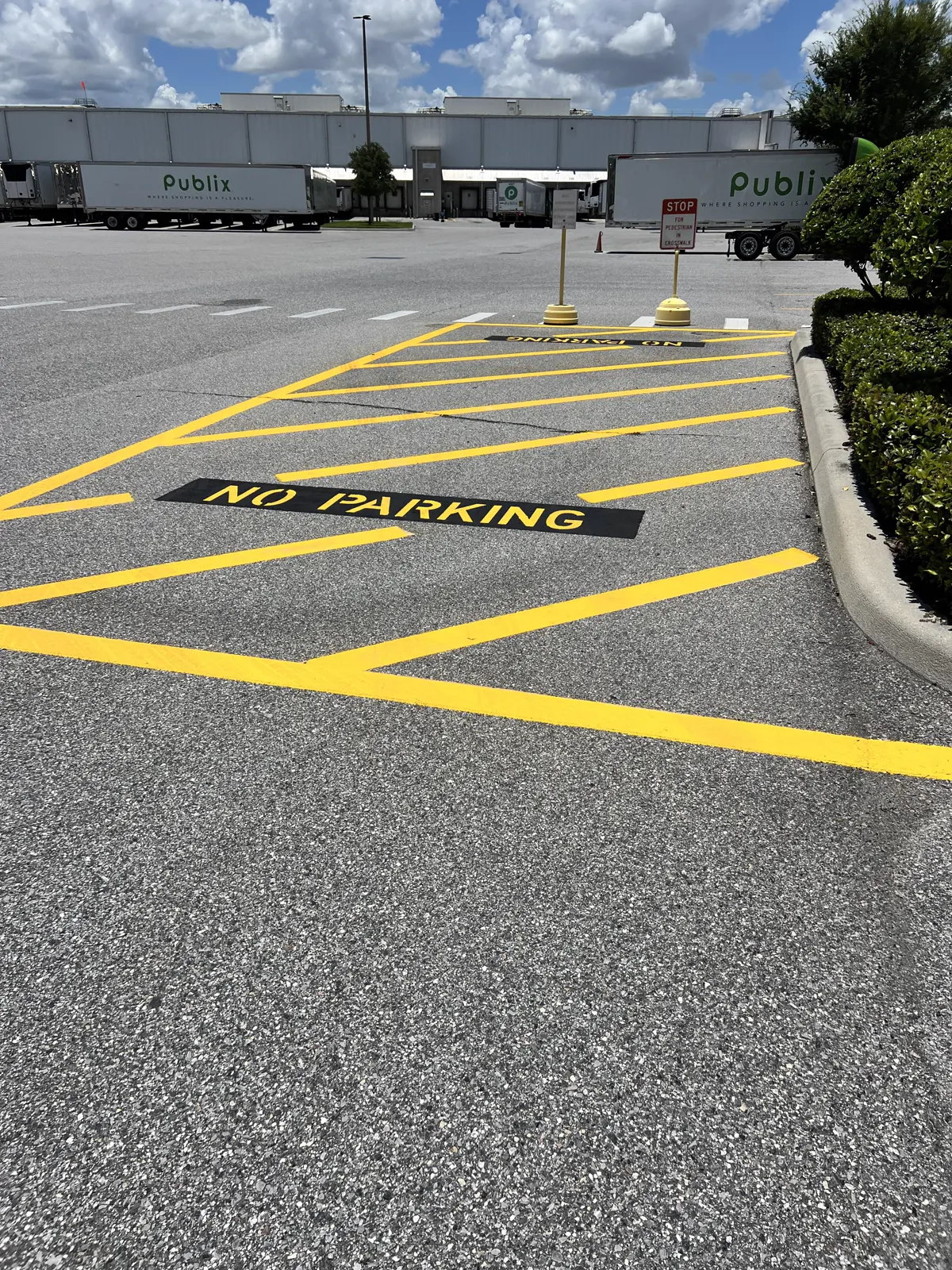 Fresh yellow no parking fire lane stencil and chevron hatching painted on commercial parking lot at Publix plaza in Tampa Florida by Radiant Striping showing code-compliant fire lane markings with bright yellow lines and clear no parking zone stenciling