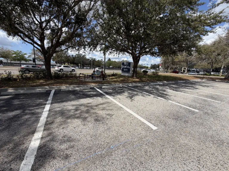Completed parking lot striping with fresh lines at Mint Dental Care commercial property by Radiant Striping Tampa