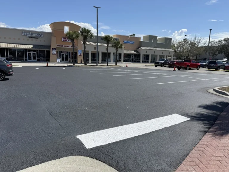 Freshly sealcoated commercial shopping center parking lot with crisp white crosswalk and stall lines Palm Harbor Florida by Radiant Striping