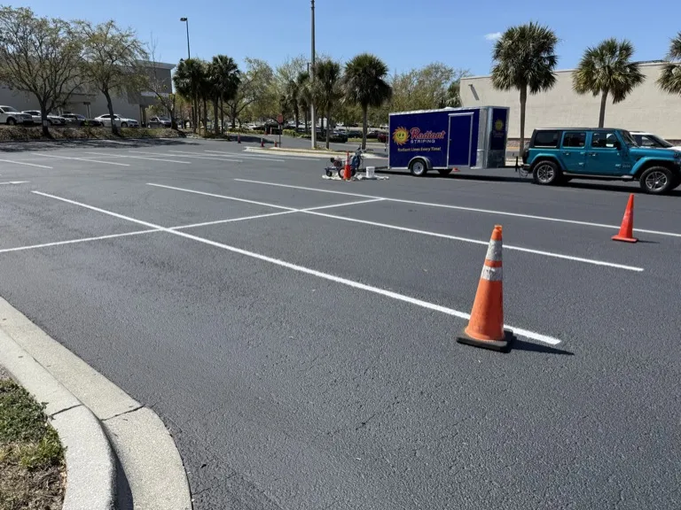 Radiant Striping trailer on site at a commercial property in Palm Harbor, Florida