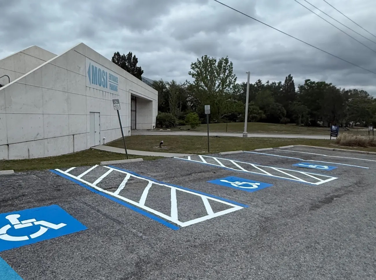 Freshly repainted ADA accessible parking spaces with crisp blue symbols and white access aisles at the Museum of Science and Industry (MOSI) in Tampa, striped by Radiant Striping
